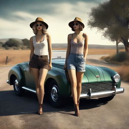 A 4k, hyper-realistic digital art piece featuring two attractive women in sexy attire, hitchhiking along a dark country road