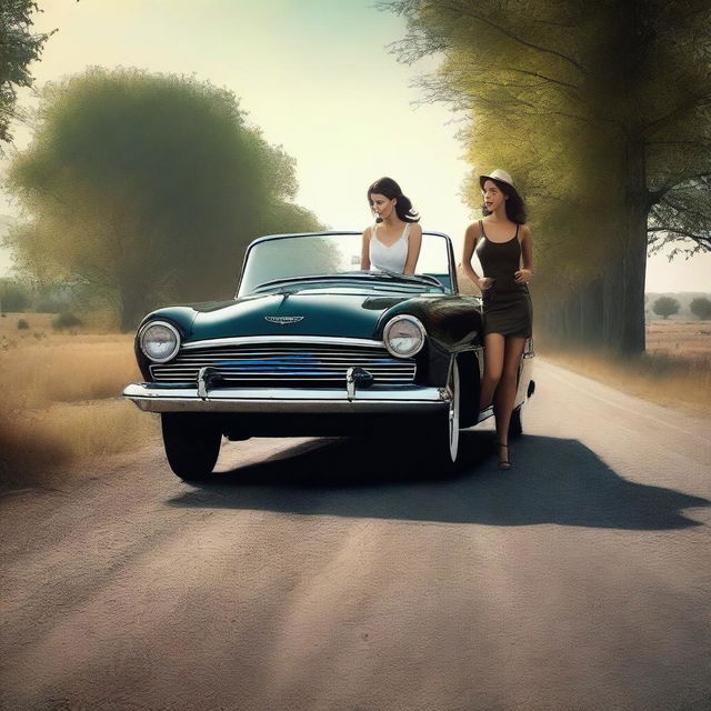 A 4k, hyper-realistic digital art piece featuring two attractive women in sexy attire, hitchhiking along a dark country road