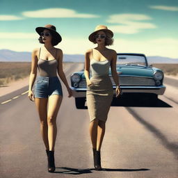 A 4k, hyper-realistic digital art piece featuring two attractive women in sexy attire, hitchhiking along a dark country road