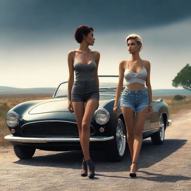 A 4k, hyper-realistic digital art showcasing two attractive women in erotic attire, hitchhiking on a dark country road