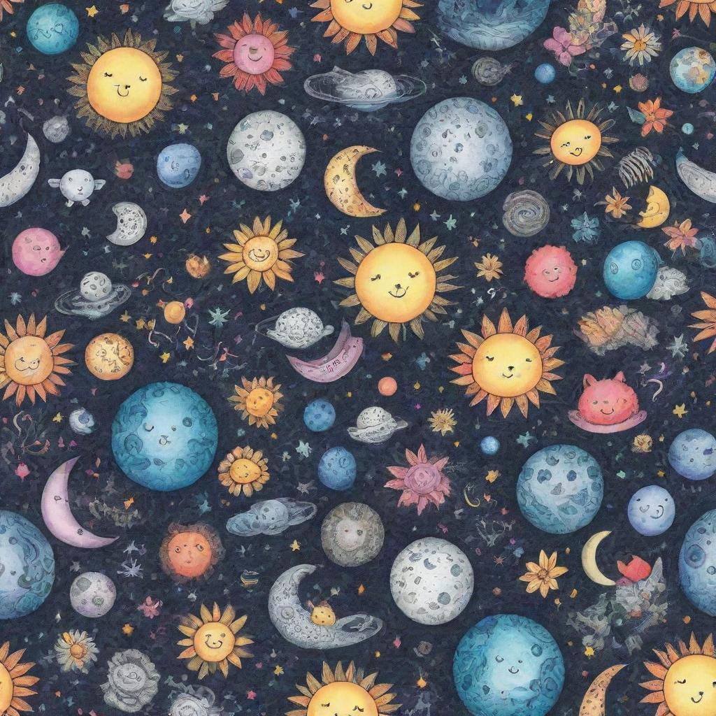 Hyper-realistic digital art of a complex doodle pattern encompassing cute animals, vibrant flowers, the sun, moon, and various planets.