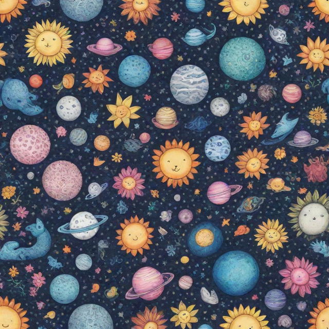 Hyper-realistic digital art of a complex doodle pattern encompassing cute animals, vibrant flowers, the sun, moon, and various planets.