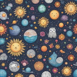 Hyper-realistic digital art of a complex doodle pattern encompassing cute animals, vibrant flowers, the sun, moon, and various planets.