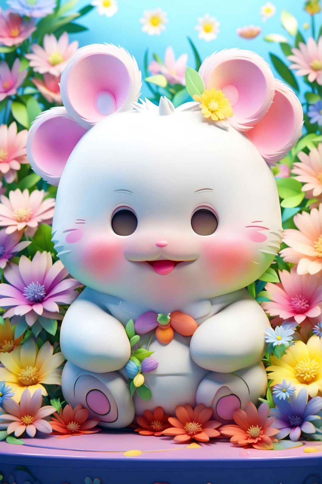 A high-definition 3D image featuring the Sanrio character, Cinnamoroll, set in a vibrant environment of colorful flowers