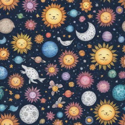 Hyper-realistic digital art of a complex doodle pattern encompassing cute animals, vibrant flowers, the sun, moon, and various planets.