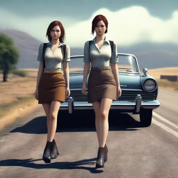 A 4k, hyper-realistic digital artwork displaying two attractive women in their mid-20s, hitchhiking down a dark country road