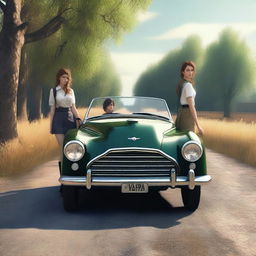 A 4k, hyper-realistic digital artwork displaying two attractive women in their mid-20s, hitchhiking down a dark country road