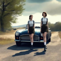 A 4k, hyper-realistic digital artwork displaying two attractive women in their mid-20s, hitchhiking down a dark country road