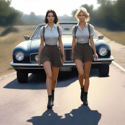 A 4k, hyper-realistic digital artwork displaying two attractive women in their mid-20s, hitchhiking down a dark country road