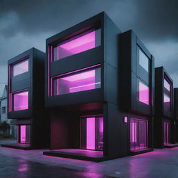 Cyberpunk houses with futuristic design; sleek black structures highlighted by neon trims, holographic windows, automated doors, digital walls for constant interface, and high-tech security systems, all powered by advanced technology.