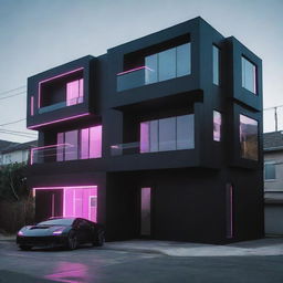 Cyberpunk houses with futuristic design; sleek black structures highlighted by neon trims, holographic windows, automated doors, digital walls for constant interface, and high-tech security systems, all powered by advanced technology.