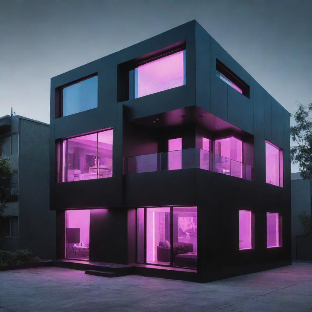 Cyberpunk houses with futuristic design; sleek black structures highlighted by neon trims, holographic windows, automated doors, digital walls for constant interface, and high-tech security systems, all powered by advanced technology.