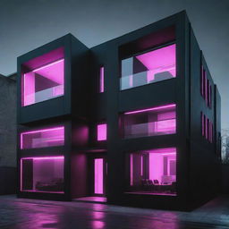 Cyberpunk houses with futuristic design; sleek black structures highlighted by neon trims, holographic windows, automated doors, digital walls for constant interface, and high-tech security systems, all powered by advanced technology.