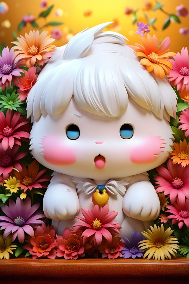 A vibrant high-definition 3D image featuring the Sanrio character, Cinnamoroll, amidst a colorful floral setting