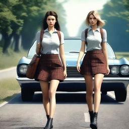 A 4k, hyper-realistic digital art piece showcasing two attractive women in their mid-20s, hitchhiking down a dark country road