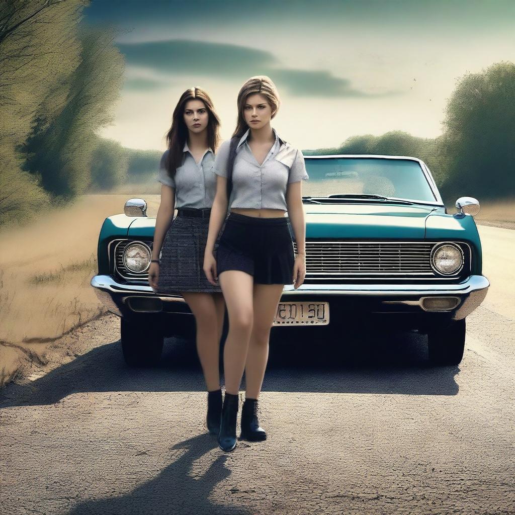 A 4k, hyper-realistic digital art piece showcasing two attractive women in their mid-20s, hitchhiking down a dark country road