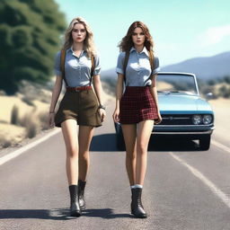 A 4k, hyper-realistic digital art piece showcasing two attractive women in their mid-20s, hitchhiking down a dark country road