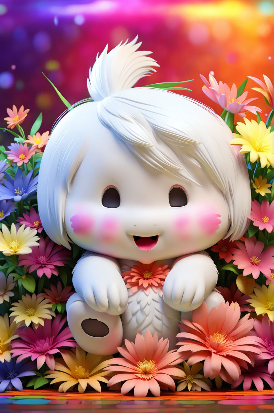 A lively high-definition 3D image featuring the Sanrio character, Cinnamoroll, amidst a vibrant floral backdrop