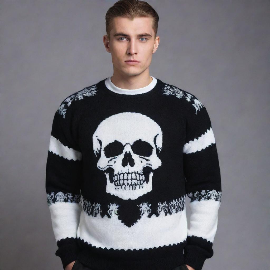 Design a black and white 'Grim' sweater with a luxurious feel and intimidating aesthetic reminiscent of a Russian gangster style. The sweater should respect the darkness of 'Grim' while showing off noticeable high-end quality.