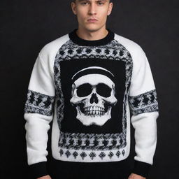 Design a black and white 'Grim' sweater with a luxurious feel and intimidating aesthetic reminiscent of a Russian gangster style. The sweater should respect the darkness of 'Grim' while showing off noticeable high-end quality.