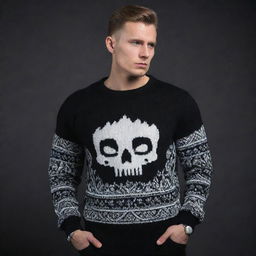 Design a black and white 'Grim' sweater with a luxurious feel and intimidating aesthetic reminiscent of a Russian gangster style. The sweater should respect the darkness of 'Grim' while showing off noticeable high-end quality.