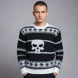 Design a black and white 'Grim' sweater with a luxurious feel and intimidating aesthetic reminiscent of a Russian gangster style. The sweater should respect the darkness of 'Grim' while showing off noticeable high-end quality.