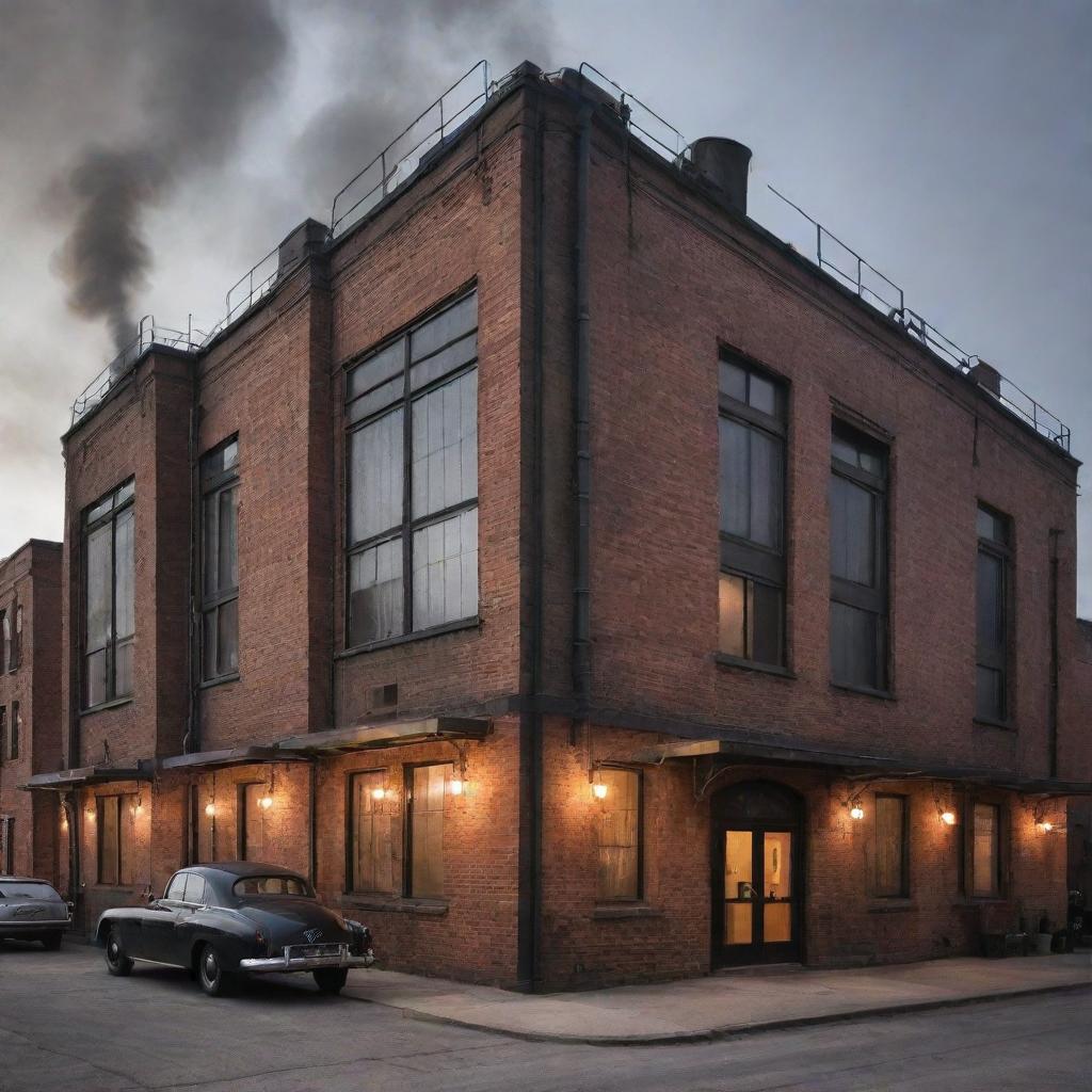 Dieselpunk houses reminiscent of mid-20th century industrial design; gritty iron and brick structures, large factory-like windows, stacks belching smoke, and interiors illuminated by naked incandescent bulbs.