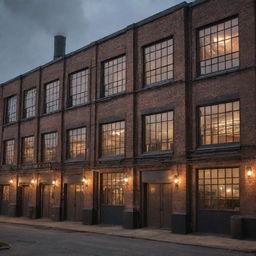 Dieselpunk houses reminiscent of mid-20th century industrial design; gritty iron and brick structures, large factory-like windows, stacks belching smoke, and interiors illuminated by naked incandescent bulbs.