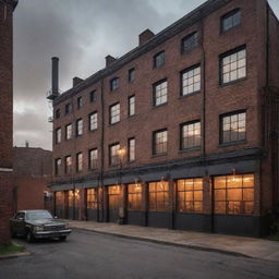 Dieselpunk houses reminiscent of mid-20th century industrial design; gritty iron and brick structures, large factory-like windows, stacks belching smoke, and interiors illuminated by naked incandescent bulbs.