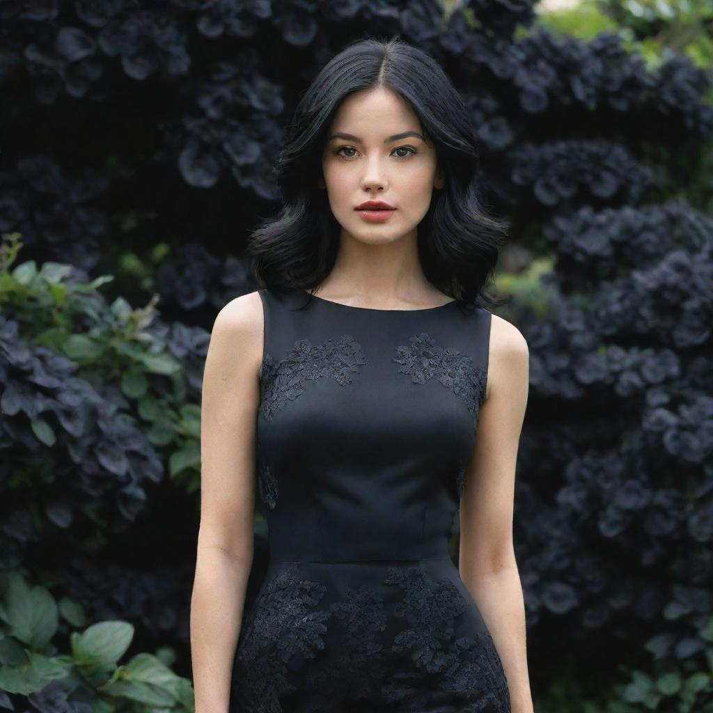 Hyper-realistic digital image of the prettiest woman with black hair, wearing an elegant black dress, posed in a garden engulfed in black flowers.