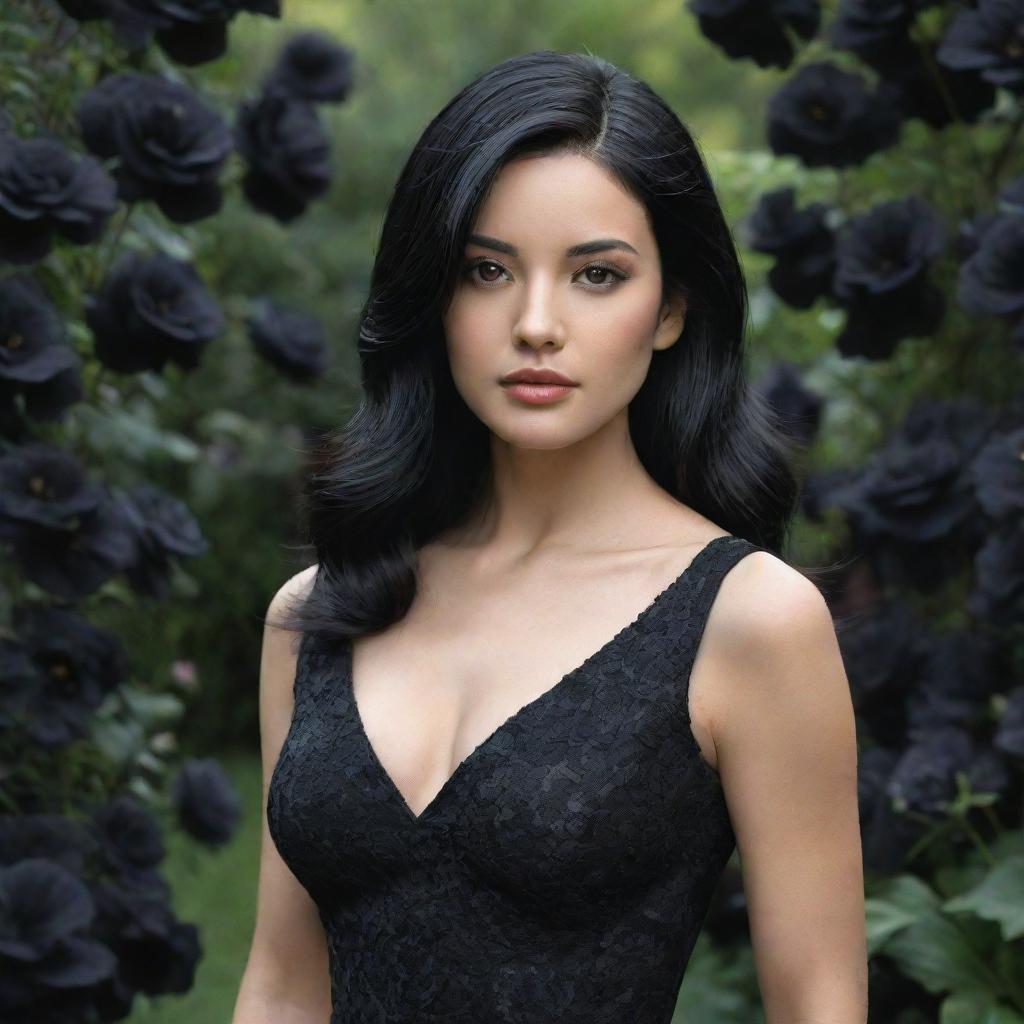 Hyper-realistic digital image of the prettiest woman with black hair, wearing an elegant black dress, posed in a garden engulfed in black flowers.