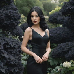 Hyper-realistic digital image of the prettiest woman with black hair, wearing an elegant black dress, posed in a garden engulfed in black flowers.