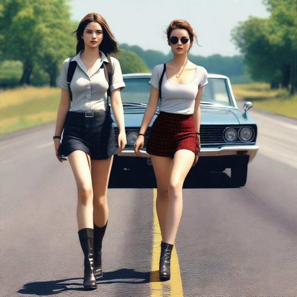 A 4k, hyper-realistic digital art piece featuring two attractive women in their mid-20s, hitchhiking down a dark country road