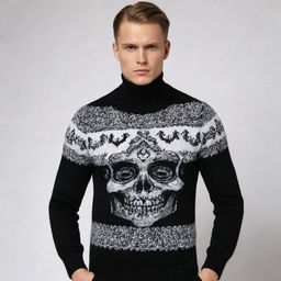 Design a highly elegant, black and white 'Grim' sweater. It should seamlessly combine Russian gangster influences with a sophisticated and luxe aesthetic, conveying a sense of both intimidating power and refined elegance.