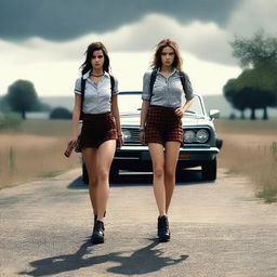 A 4k, hyper-realistic digital art piece featuring two attractive women in their mid-20s, hitchhiking down a dark country road