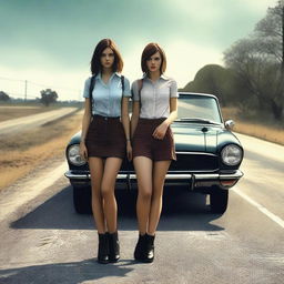 A 4k, hyper-realistic digital art piece featuring two attractive women in their mid-20s, hitchhiking down a dark country road