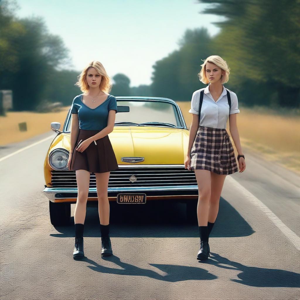 A 4k, hyper-realistic digital art piece featuring two attractive women in their mid-20s, hitchhiking down a dark country road