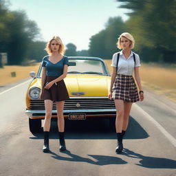 A 4k, hyper-realistic digital art piece featuring two attractive women in their mid-20s, hitchhiking down a dark country road