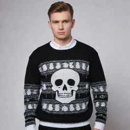 Design a highly elegant, black and white 'Grim' sweater. It should seamlessly combine Russian gangster influences with a sophisticated and luxe aesthetic, conveying a sense of both intimidating power and refined elegance.