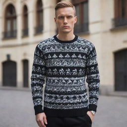 Design a highly elegant, black and white 'Grim' sweater. It should seamlessly combine Russian gangster influences with a sophisticated and luxe aesthetic, conveying a sense of both intimidating power and refined elegance.