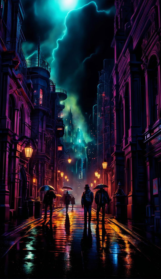 A Ghostpunk world in a hyper-detailed, photorealistic image with cinematic lighting, HDR and HD quality. Rendered with Redshift, it's a fine art digital piece reminiscent of Mark Molnar's mystical works. Ghostly figures in punk attire populate this Gothic-futuristic cityscape under a neon-lit night sky.