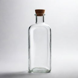 A transparent glass bottle with a classic design, reflecting light on an isolated white background.