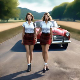 A 4k, hyper-realistic digital art piece featuring two attractive women in their mid-20s, dressed in sexy schoolgirl attire, hitchhiking on a dark country road