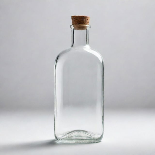 A transparent glass bottle with a classic design, reflecting light on an isolated white background.