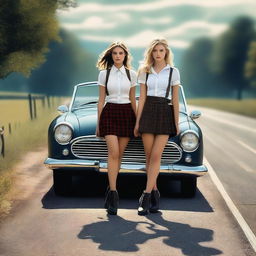 A 4k, hyper-realistic digital art piece featuring two attractive women in their mid-20s, dressed in sexy schoolgirl attire, hitchhiking on a dark country road