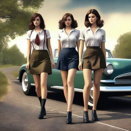 A 4k, hyper-realistic digital art piece featuring two attractive women in their mid-20s, dressed in sexy schoolgirl attire, hitchhiking on a dark country road