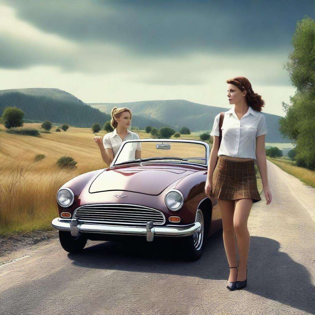 A 4k, hyper-realistic digital art piece featuring two attractive women in their mid-20s, dressed in sexy schoolgirl attire, hitchhiking on a dark country road