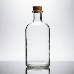 A transparent glass bottle with a classic design, reflecting light on an isolated white background.