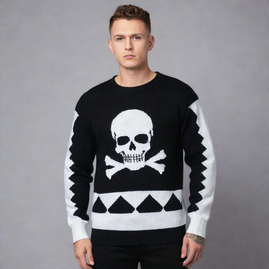 Design a luxurious black and white 'Grim' sweater, ensuring it does not resemble a Christmas jumper. Maintain the blend of Russian gangster influences with high-end elegance, focusing on minimalistic and sophisticated elements.