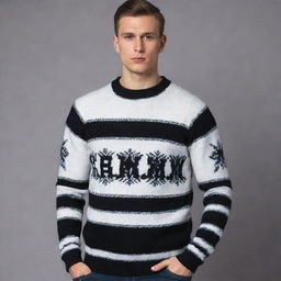 Design a luxurious black and white 'Grim' sweater, ensuring it does not resemble a Christmas jumper. Maintain the blend of Russian gangster influences with high-end elegance, focusing on minimalistic and sophisticated elements.